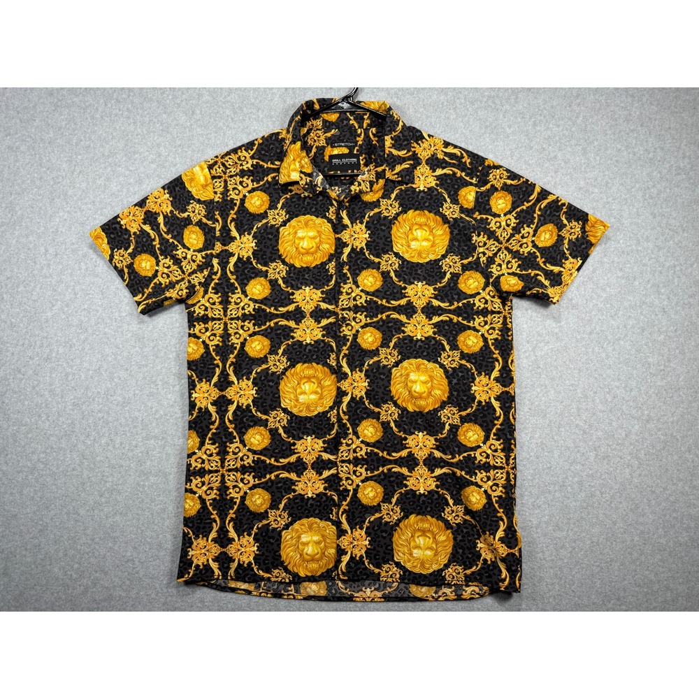 Drill Clothing Co Mens Baroque Lion Print ShortSleeve Button Up Large Black Gold - Picture 2 of 7